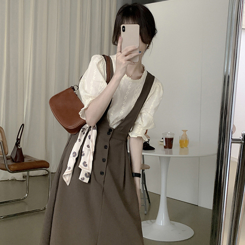 Women's New French Vintage Design Strap Dress Two Piece Suit