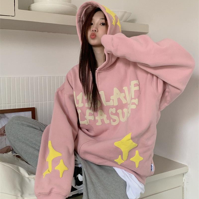 Alphabet Foam Print American Style Padded Hooded Sweatshirt Women