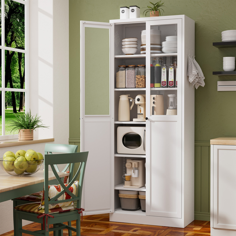 72in White Metal Pantry Cabinet W Doors & Shelves, Heavy-Duty Adjustable Storage Organizer, Tool-Free Freestanding For Living Room & Bathroom