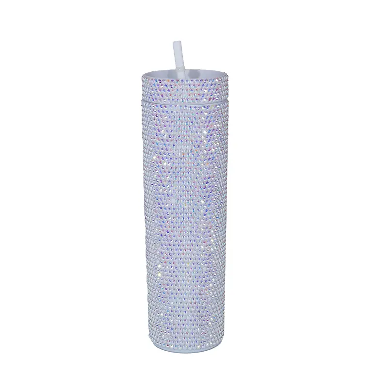 Double-layer Diamond-encrusted Plastic 16OZ Straight Straw Cup