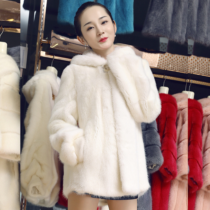 Women's Fashion Solid Color Mink Fur Coat With Hood