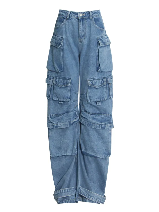 Fashionable High Waisted Large Pocket Loose Casual Wide Leg Pants Light Blue - Shop at LoveMi