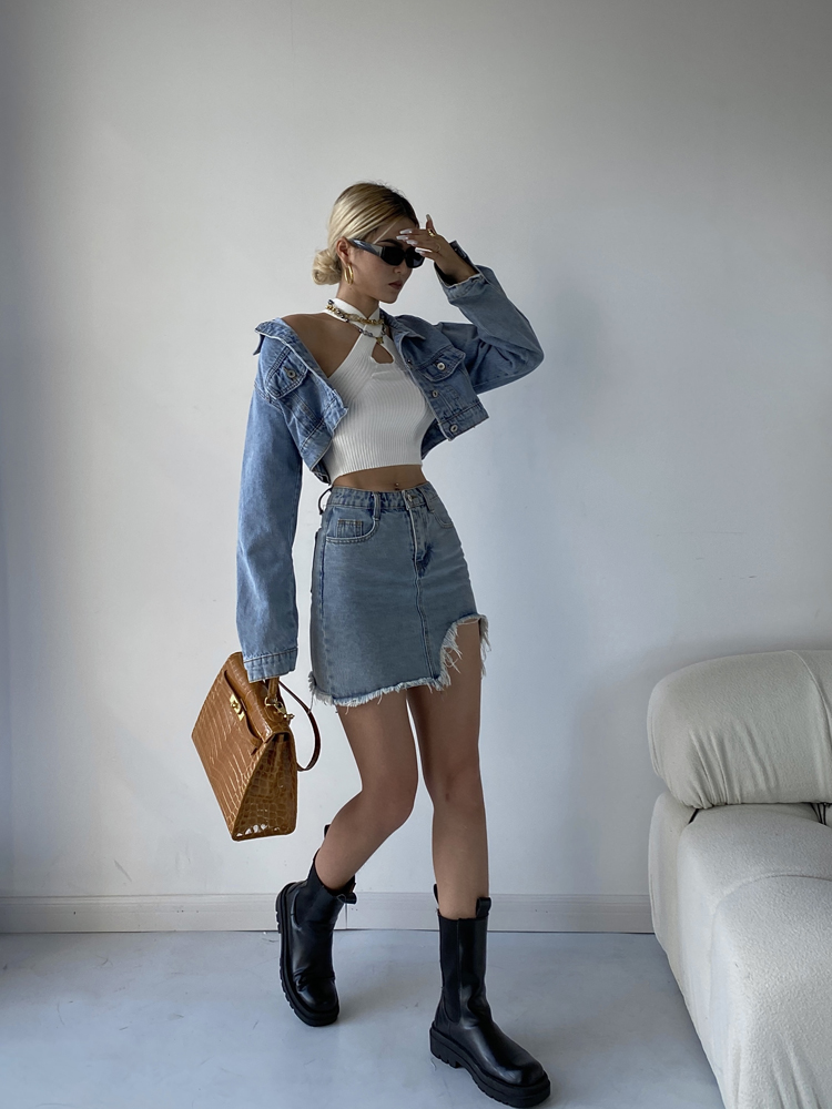 Women's Short Denim Jacket High Waist Slim Skirt Two Piece Suit - Image 7
