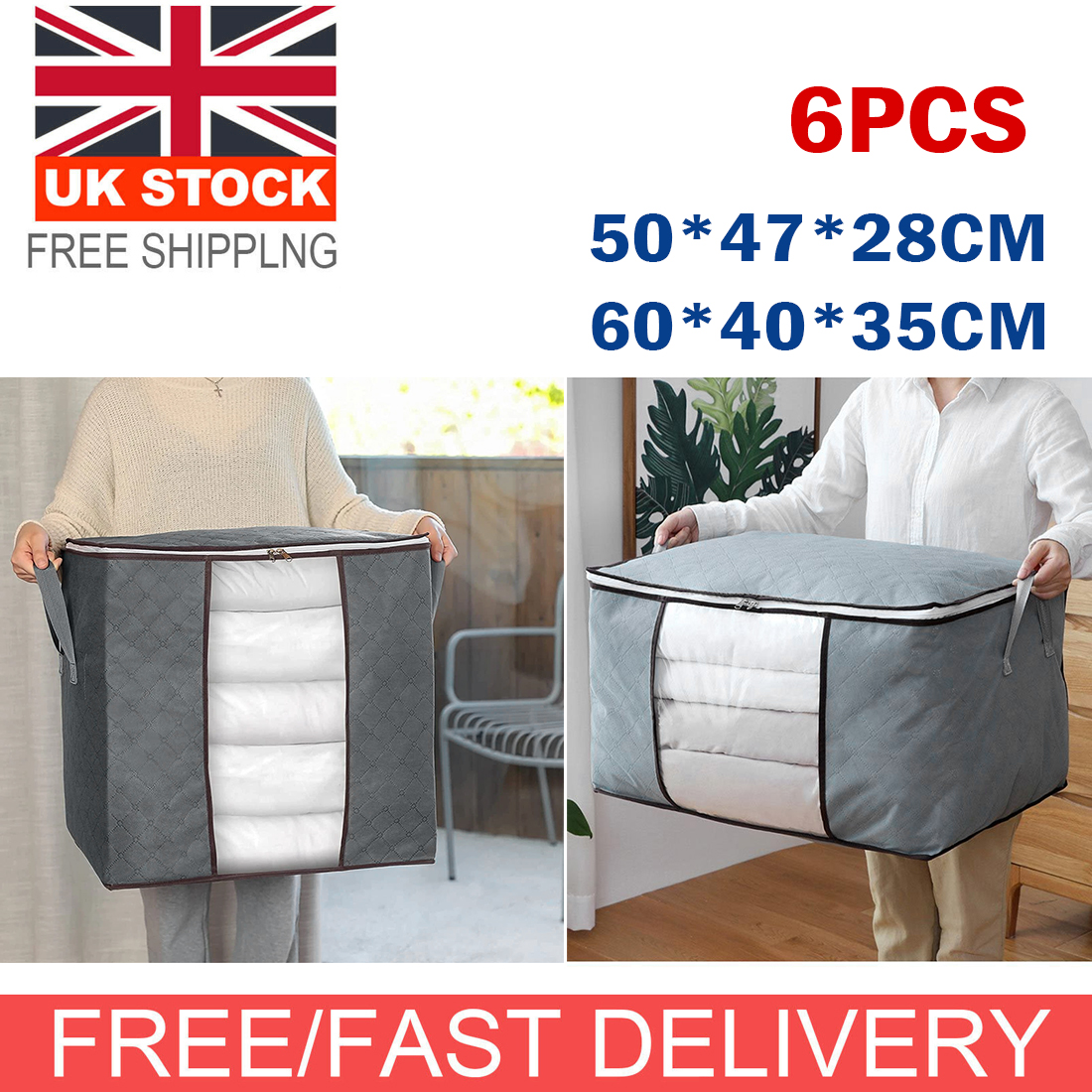 6 Pack 90L Storage Bags Zipped For Clothes, Bedding, Toys, Packing Moving Boxes UK