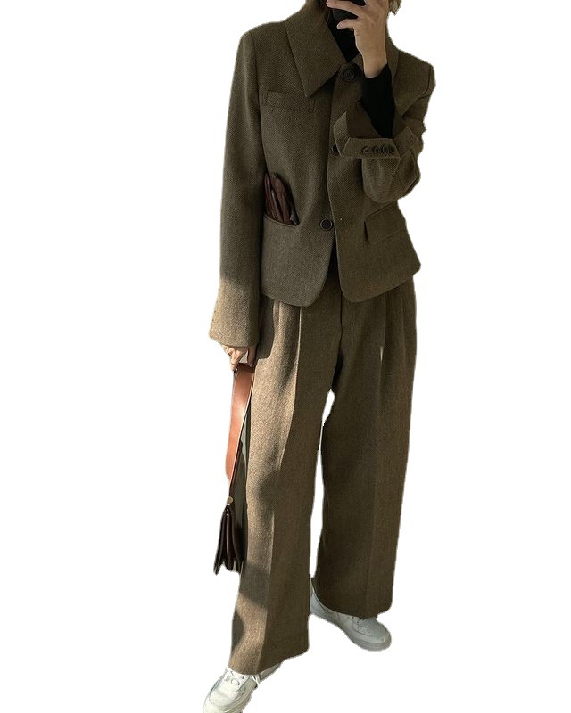 New French Plaid Woolen Coat High Waist Wide Leg Suit Women