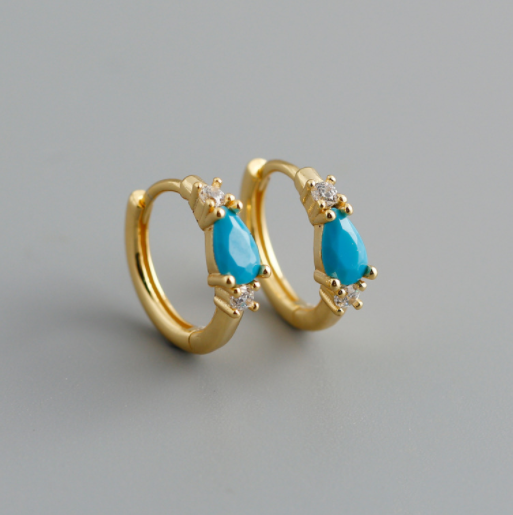 Blue Pine Water Drop Zircon S925 Sterling Silver Round Ear Buckle