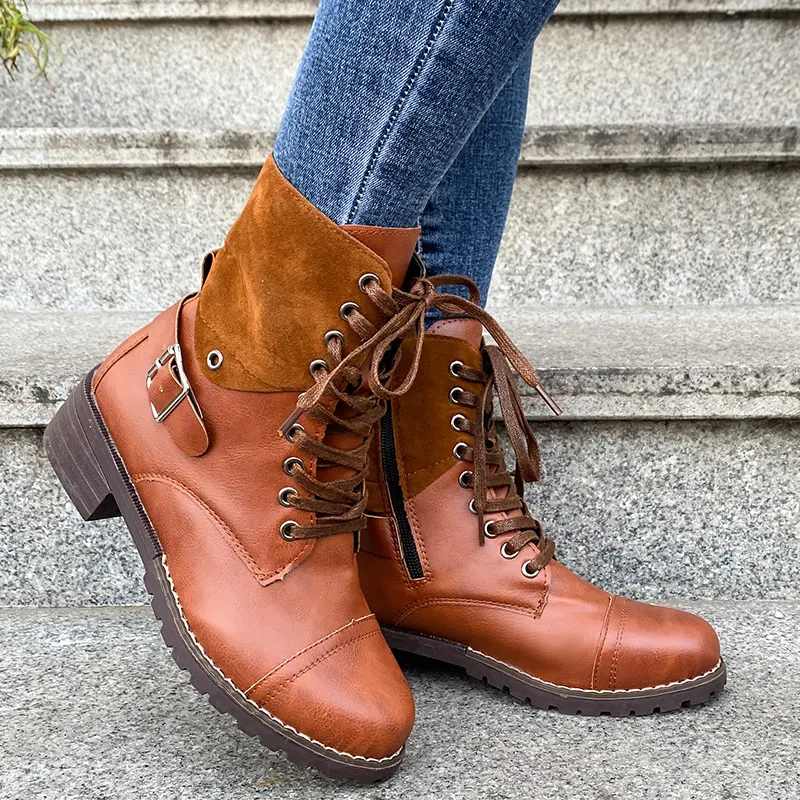 Lace-up Boots Winter Buckle Cowboy Women Low Heel Shoes