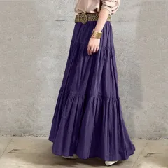 Solid Colour Pleated Loose Fitted Long Skirt - Purple - View 1