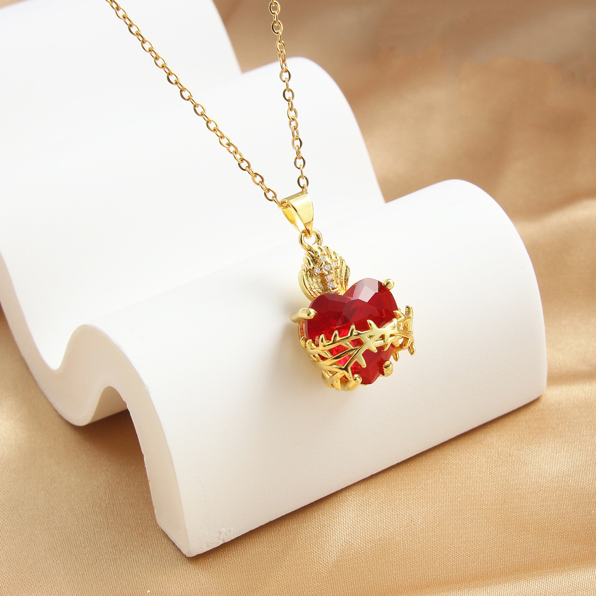 European & American Sacred Heart Necklace, Red Zircon Cross & Heart Pendant, Copper Plated Real Gold Peach Heart Necklace