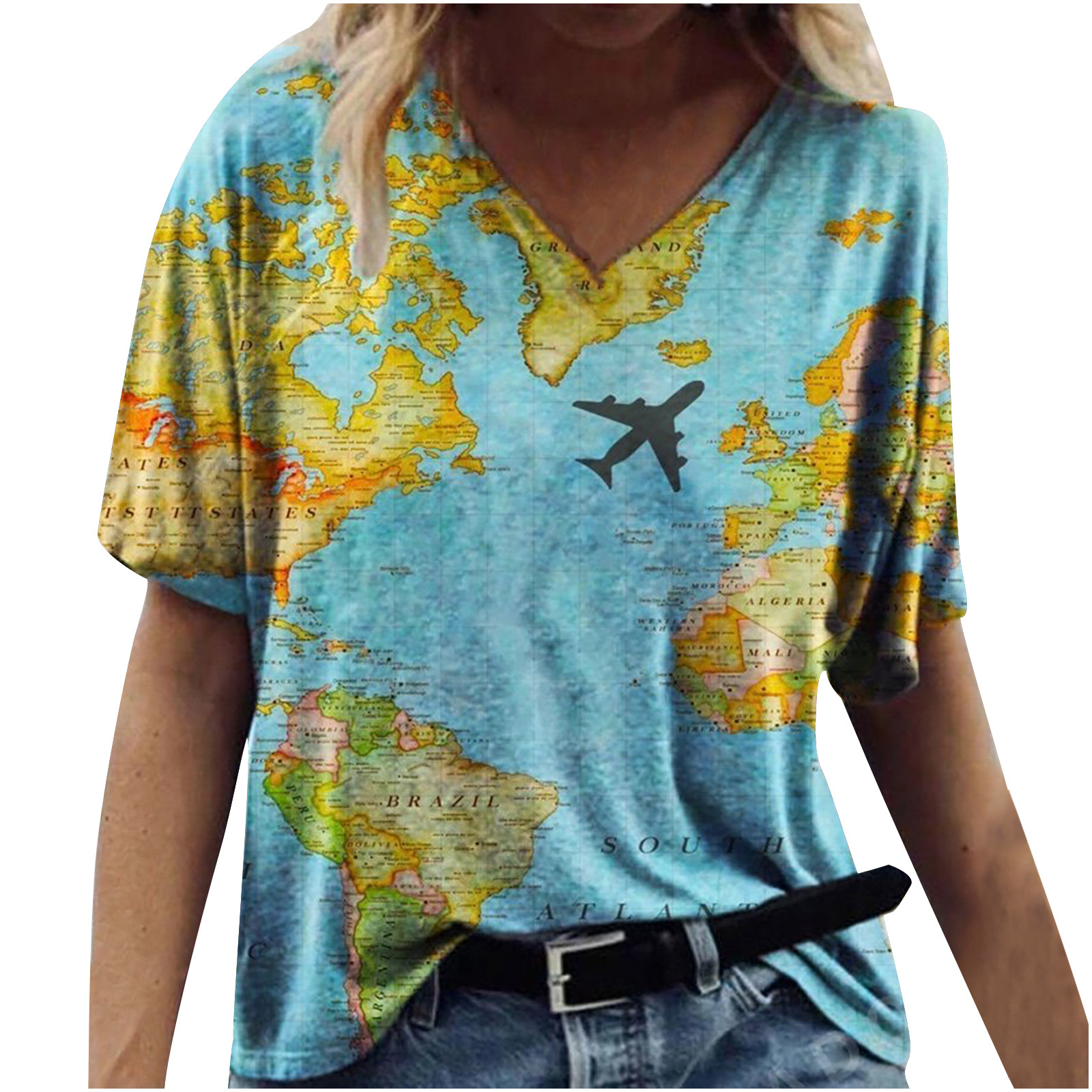 Title 3, New Female Map Print V-Neck Short-Sleeved T-Shirt