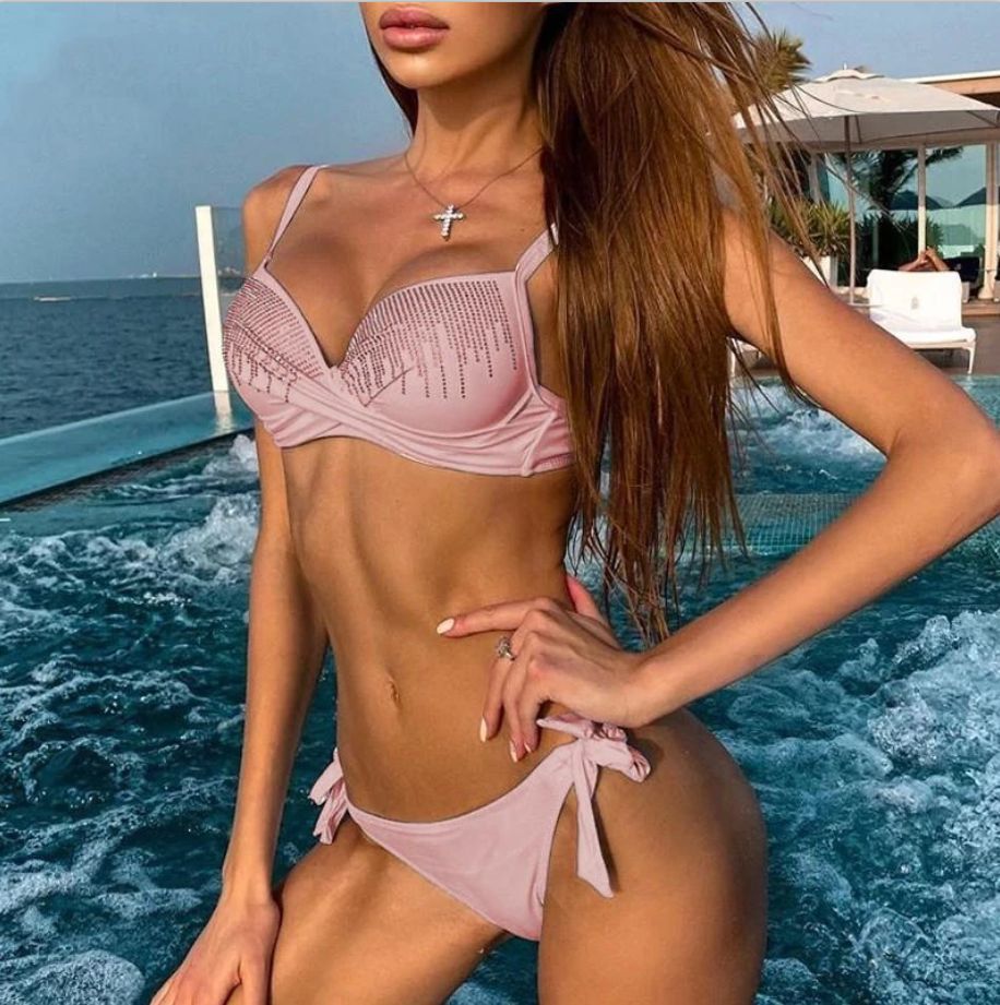 New Solid Color Sexy Underwire Hard Cup Bikini Diamond-studded AliExpress Hot Style Ladies Swimsuit