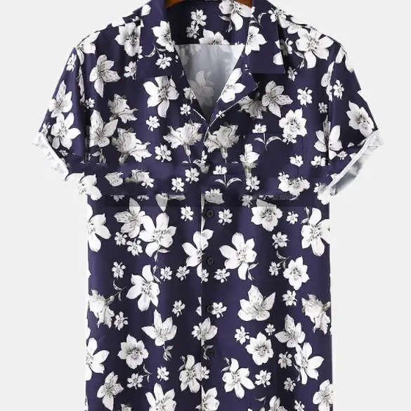Mens Peach Blossom Floral Print Short Sleeve Holiday Breathable