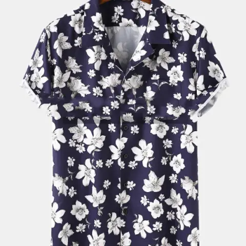 Mens Peach Blossom Floral Print Short Sleeve Holiday Breathable