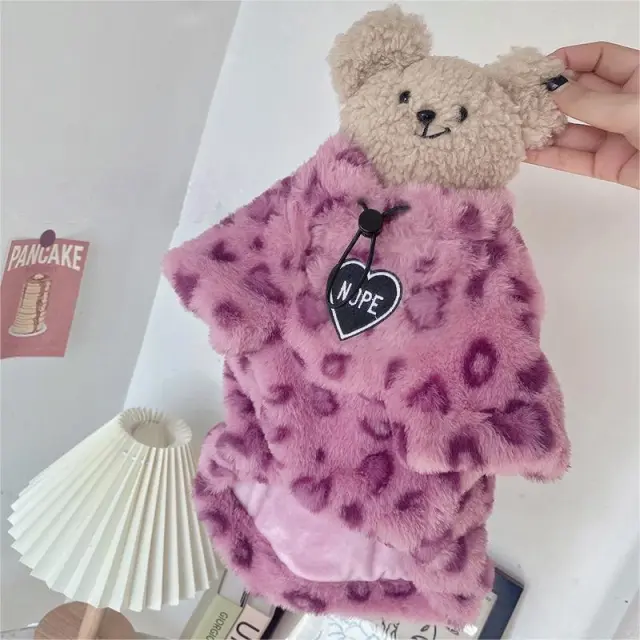 Thick Plush Cat Clothes Warm Pet Hoodie Pink Leopard Print - Shop at LoveMi
