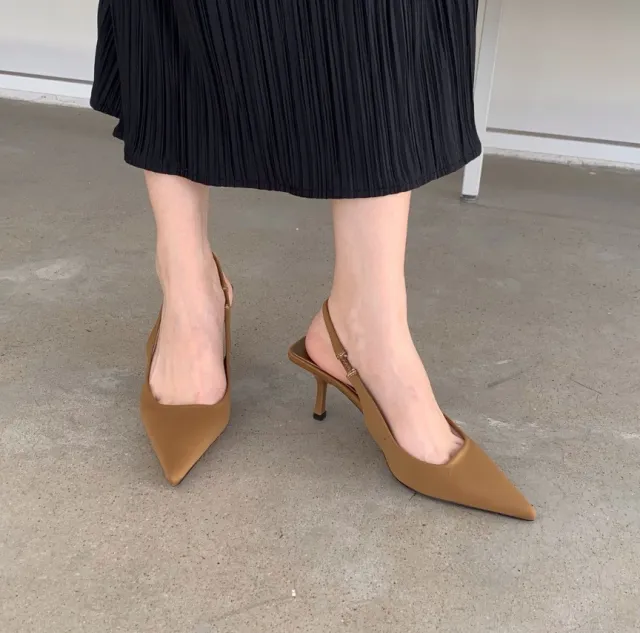 Pointed Stiletto Mid heel Shoes Back Empty Toe Sandals Khaki - Shop at LoveMi