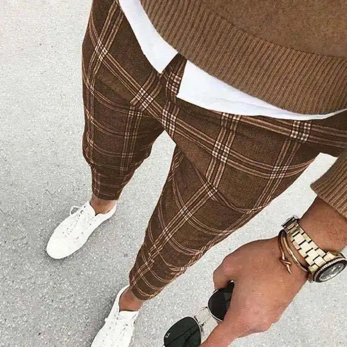 Solid Color Men's Plaid Casual Pants Trousers