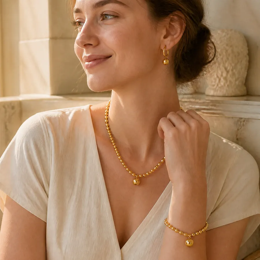 Women Gold Tone Ball Bead Chain Jewelry