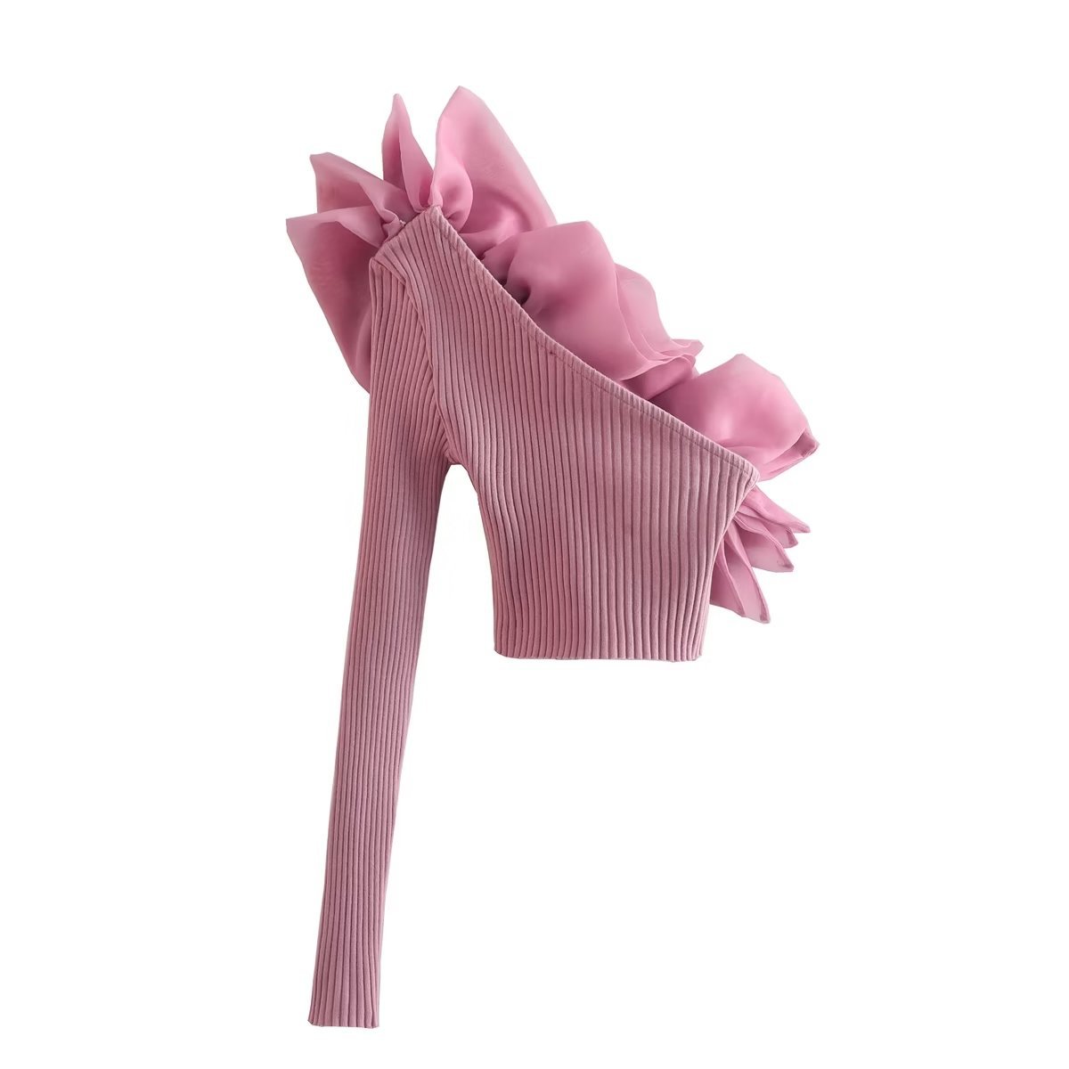 Oblique Neck Hard Yarn Ruffle One Shoulder Long Sleeve Top