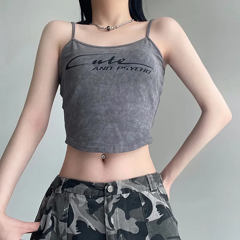 Personalized Simple Print Slim Slim Thin Small Suspenders Sweet And Sexy Navel New Inside The Tank Top - Gray
