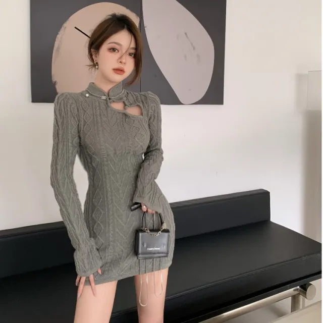 Sexy Halter Bottoming Bag Hip Skirt Long Sleeve Grey - Shop at LoveMi