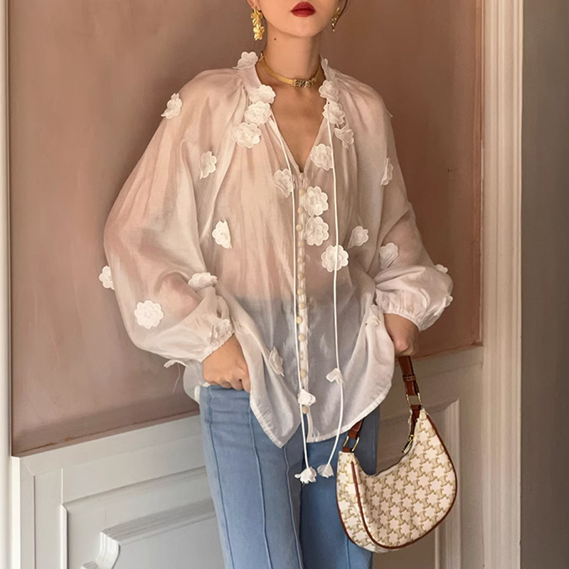 French Embroidery Tencel Shirt V-neck Lantern Sleeve Women's Long-sleeved Top