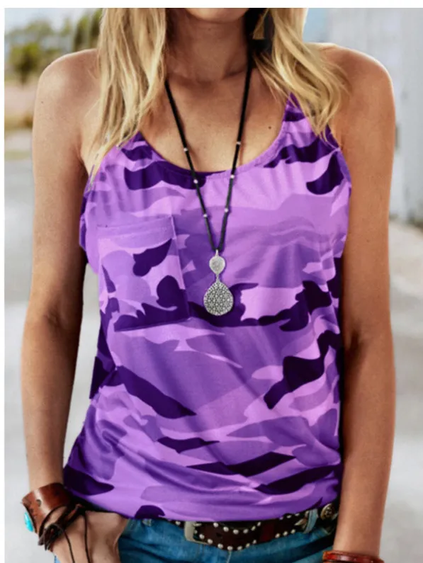 Casual Sleeveless Camouflage T shirt Plus Size Vest Purple - Shop at LoveMi