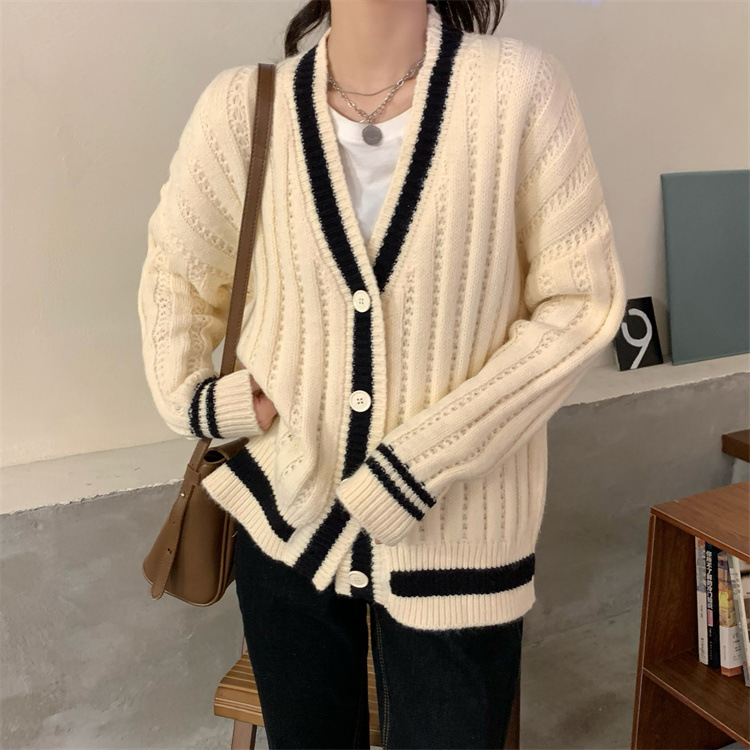 V-neck Contrast Long-sleeved Knitted Cardigan Sweater