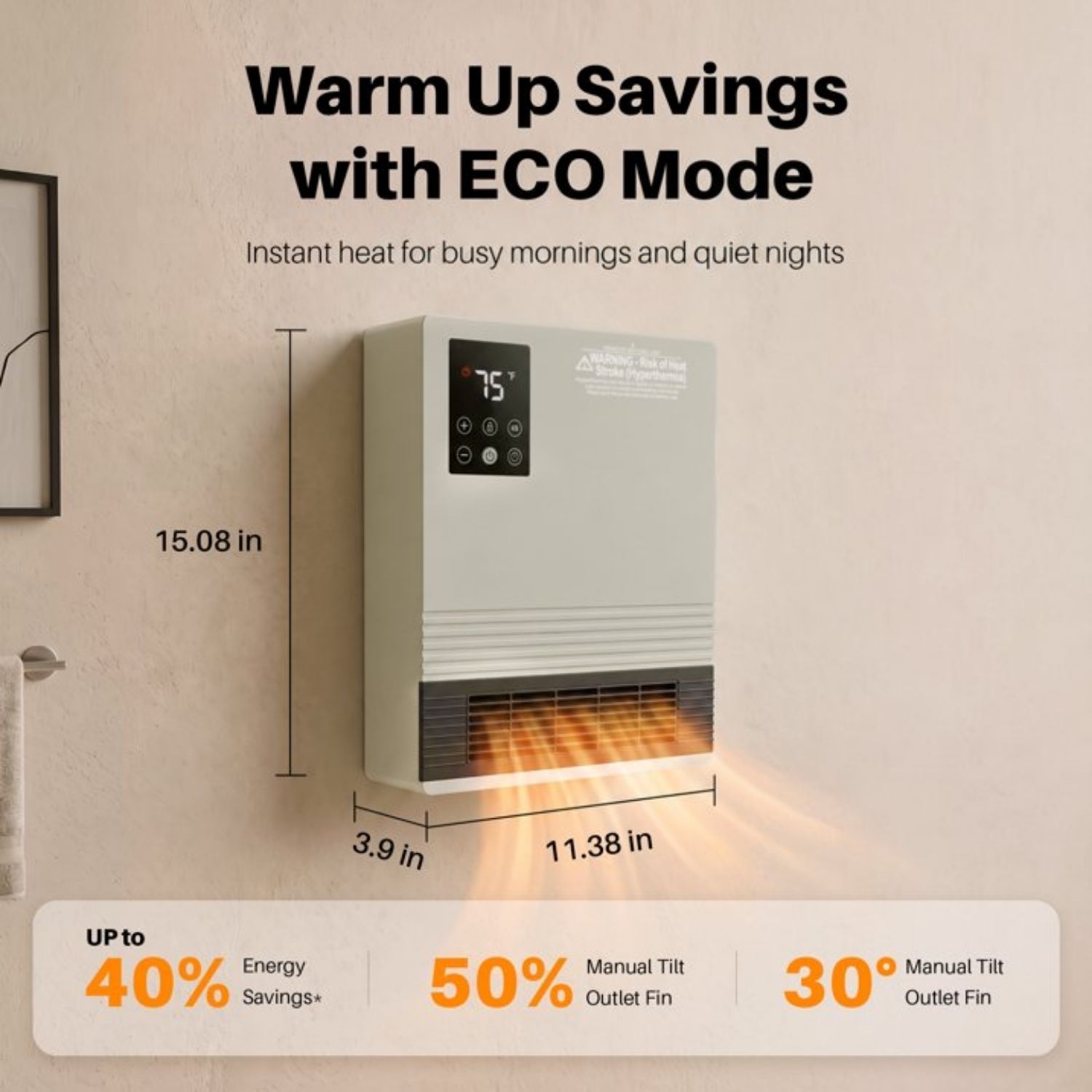 Wall Heater, Touchscreen, Remote Control, Adjustable Thermostat, 15-Hour Timer, Dual Heat Settings, Overheat Protection, Child Lock image 16