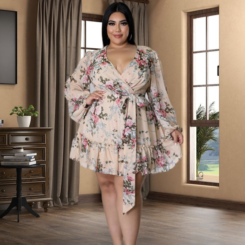 Plus Size Women Flower Print ChiffonV Neck Out Long Sleeve Dress Pink - Shop at LoveMi