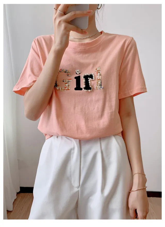 Printed T shirt Korean Style Versatile Half Sleeve Top Pink - Shop at LoveMi