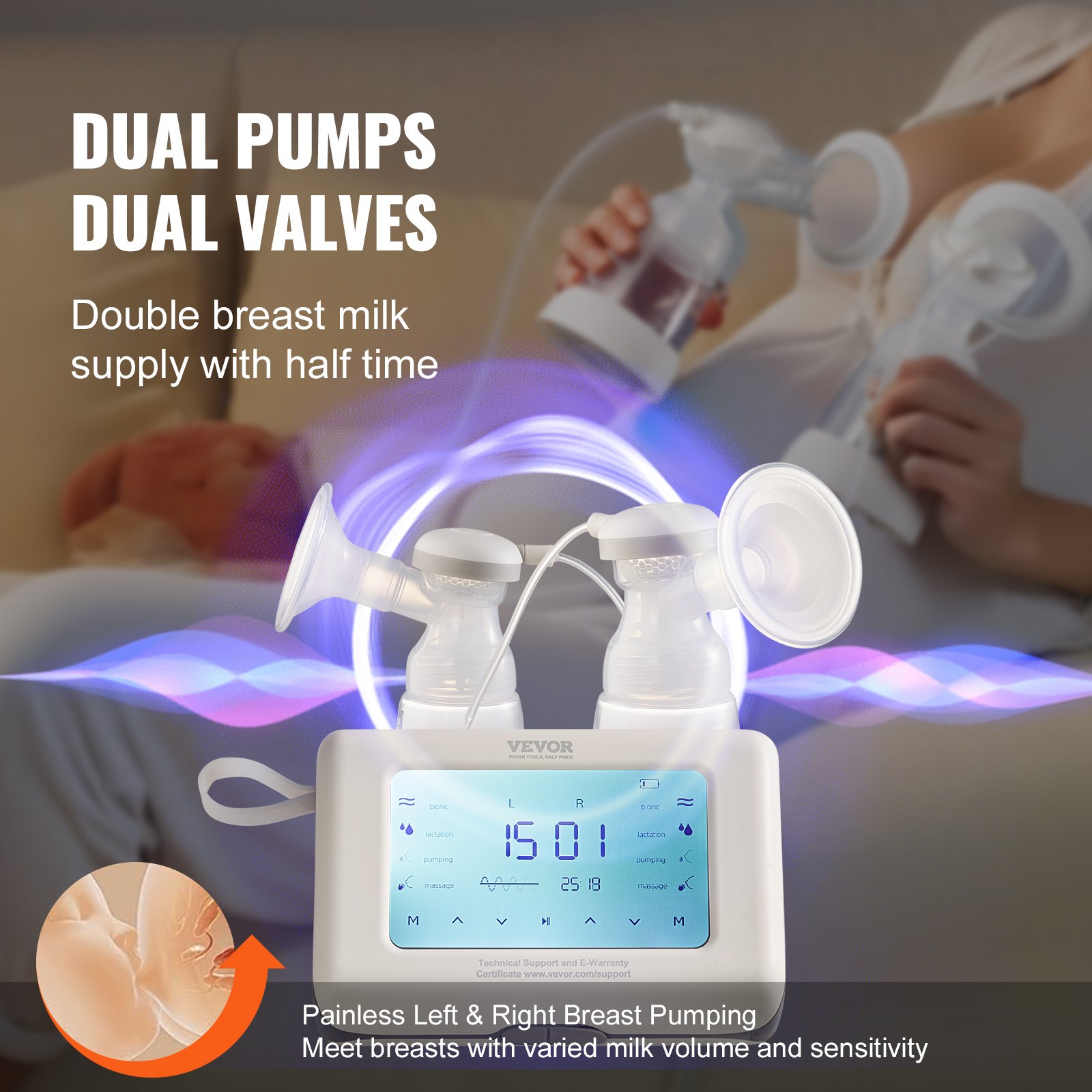 VEVOR Breast Pump, Single Double Adjustable Electric Breast Pumps, 4 Modes Reciprocating Piston Pumps, 4000mAH Anti-Backflow BreastfeedingPump With 300mmHg High Suction,