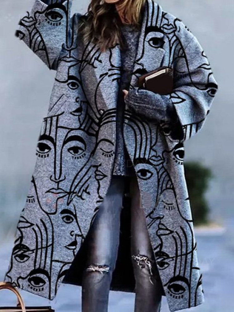 Colorblock Checked Long Sleeve Lapel Printed Jacket Wool Coat