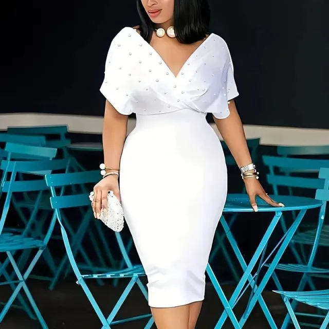 Women's Elegant Deep V Neck Wrap Bodycon Dress Back Zipper Pencil Midi Dress White - Shop at LoveMi