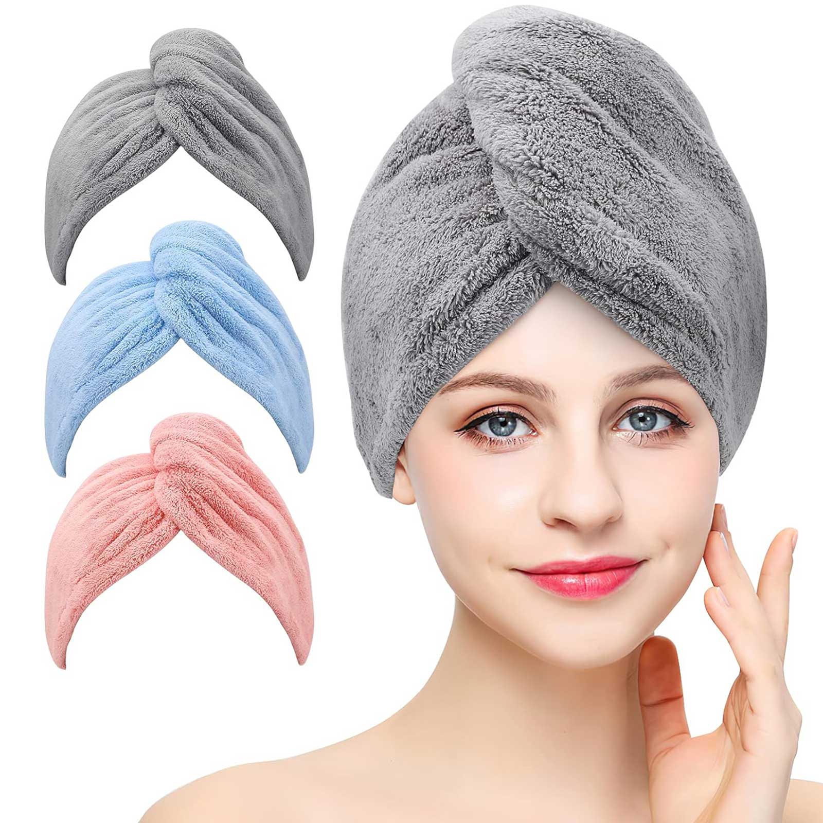 Women 3 PC Microfiber Hair Towel Wrap Ultra Absorbent Hair Turbans For Curly, Long & Thick Hair Blue,Grey,Pink 4