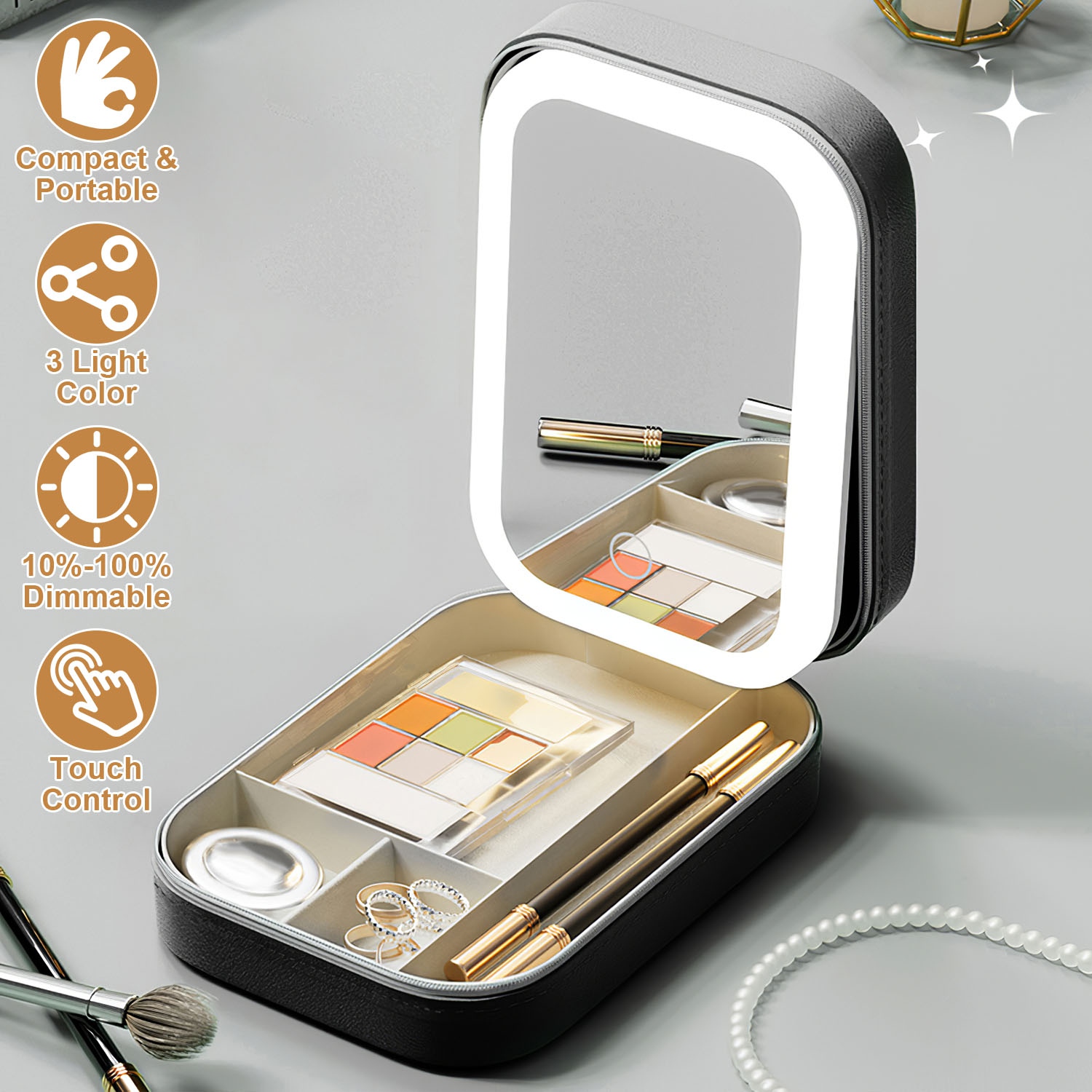 1Pc Portable Travel Makeup Bag With LED Mirror Rechargeable Beauty Mirror With 3 Color Light Dimmable Brightness Waterproof Cosmetic Bag With 4 Compartments Ideal Gift For Women Valentines Day Gift — foto 10