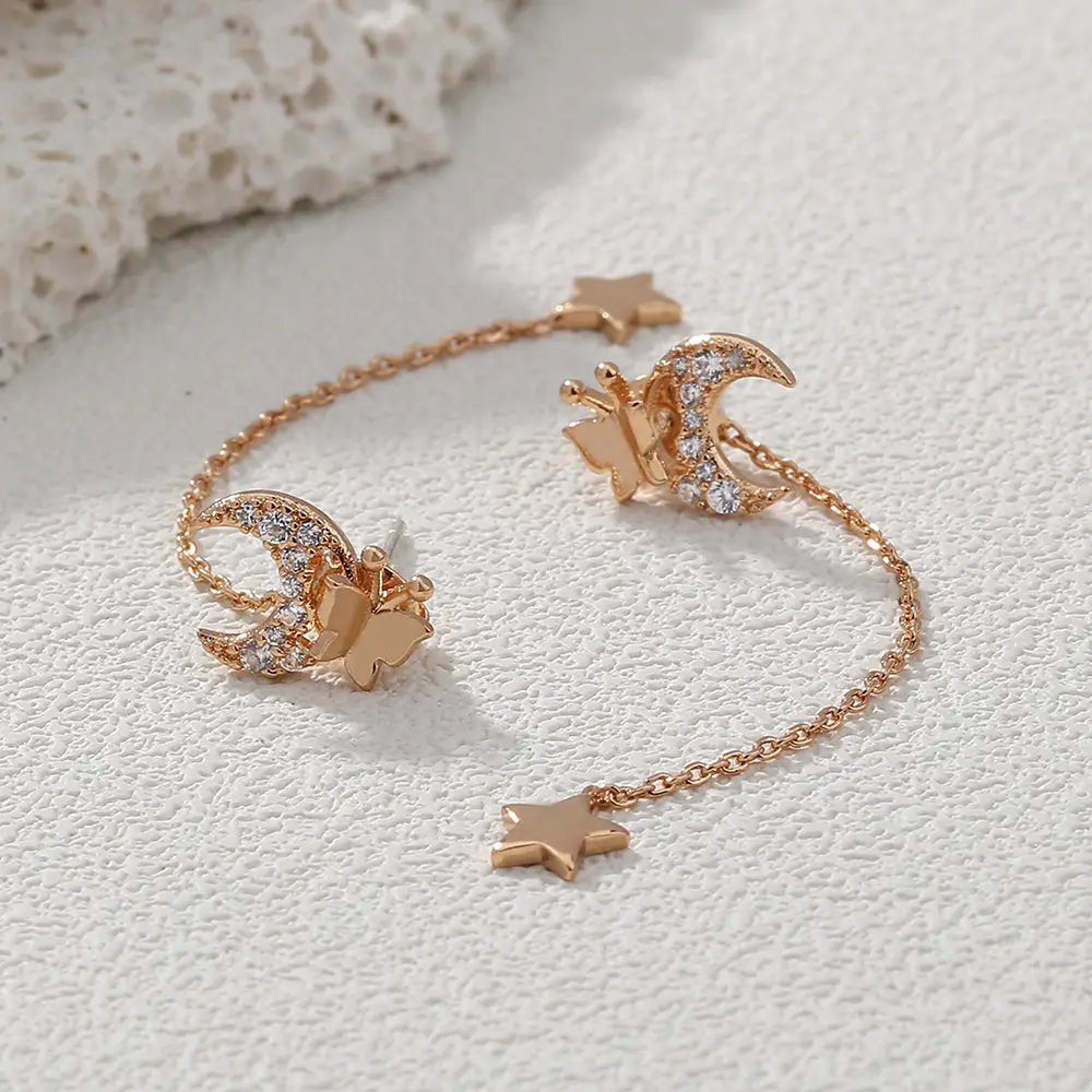 Star Moon Copper Slightly Inlaid Zircon Tassel Earline Personality Among Them, Long Tassels Show Face Thin Delicate Earrings