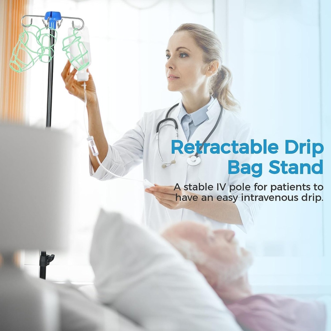 Portable IV Pole Drip Bag Stand Intravenous Silver Foldable Wheel — image 3