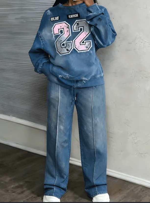 Digital Printed Sweater And Wide leg Pants Denim Set Blue - Shop at LoveMi