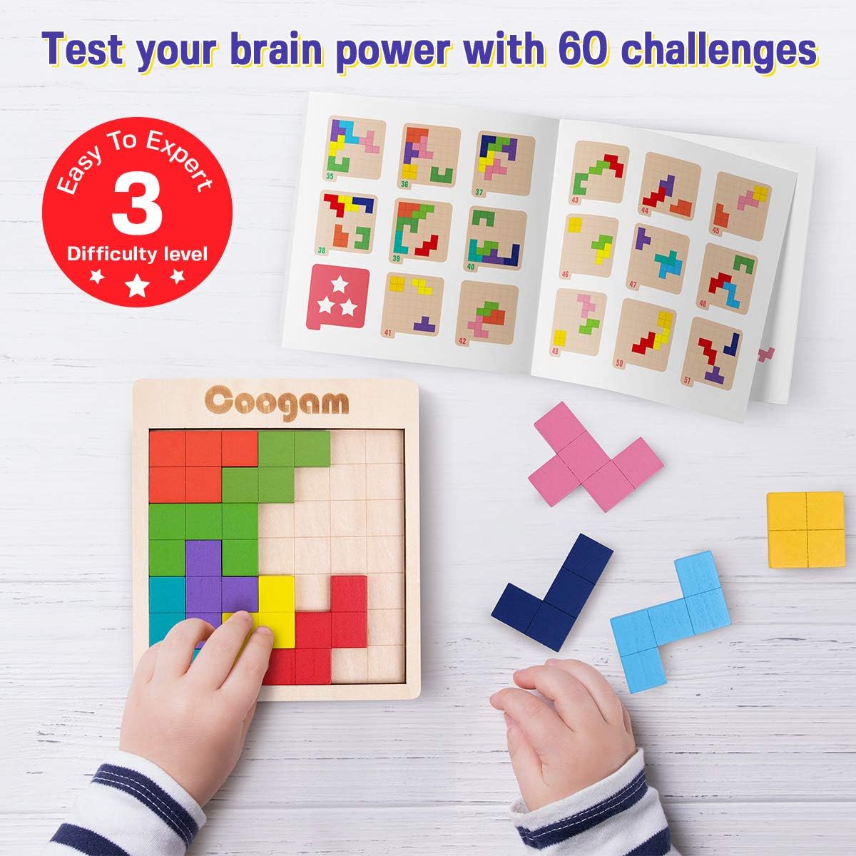 Wooden Pattern Blocks Puzzle With 60 Challenges, 3D Tangram Brain Teaser Game For Kids And Adults, STEM Learning Toy 2
