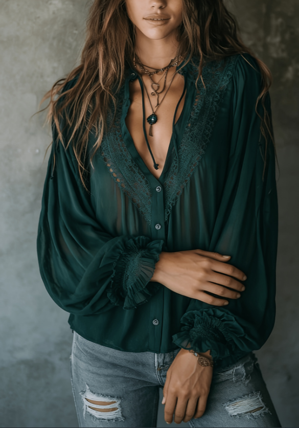 Bohemian V-Neck Lace Trim Puff Sleeve Chiffon Button-Down Blouse