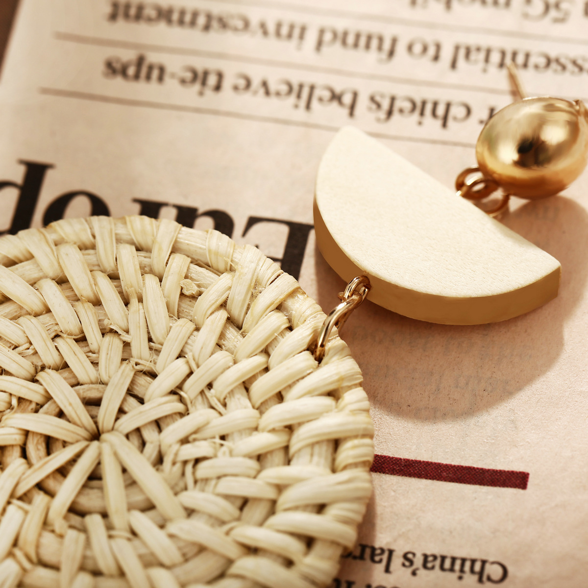 Woven Round Wooden Earrings Wish Straw Woven Beige Earrings