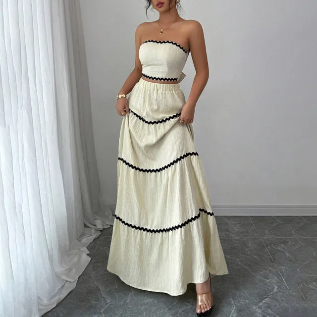Women's Summer 2 Piece Set, Strapless Tube Top & Flared Ruffle Skirt Apricot - Shop at LoveMi