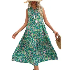 Women's Bohemian Sleeveless Tassel Tie-Dye Maxi Dress Spring Summer Casual Sundress - Green - View 1