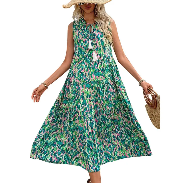 Women's Bohemian Sleeveless Tassel Tie Dye Maxi Dress Spring Summer Casual Sundress Green - Shop at LoveMi
