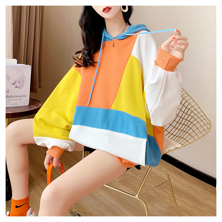 Women's Idle Style Hooded Color Matching Stitching Long-sleeved Hooded Sweater