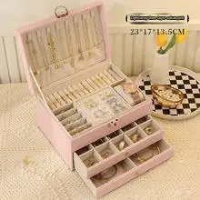 Large Capacity Jewelry Box Leather Three-Tier Drawer Accessories Storage Box Gold Jewelry Necklace Earring Bracelet Storage Box - Pink - View 1
