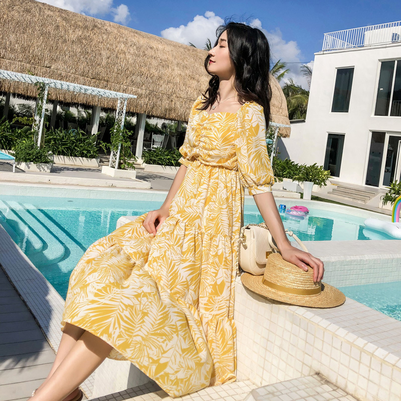 New Female Summer Small  Yellow Floral Chiffon Dress