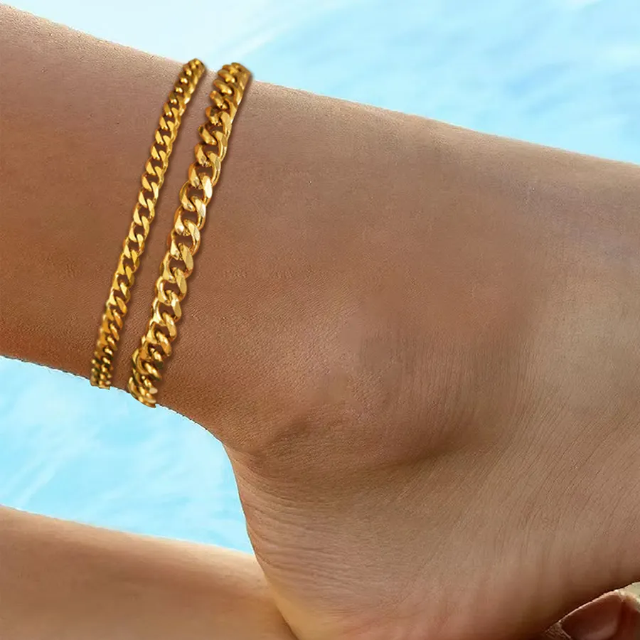 Women Double Layer Cuban Chain Anklet Gold