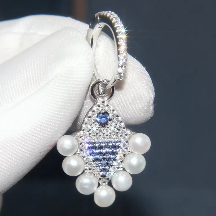 Crystal Diamond Pearl Fish Sterling Silver Earrings