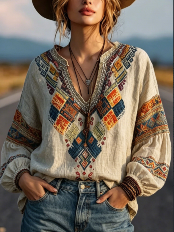 Ethnic Geometric Embroidery V-Neck Puff Sleeve Linen Shirt — image 1
